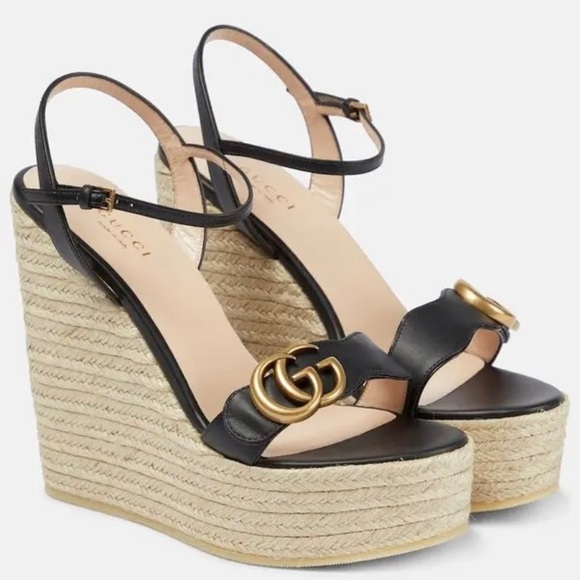 GUCCI Aitana Marmont GG logo leather platform espadrilles sandals wedges - Picture 1 of 4